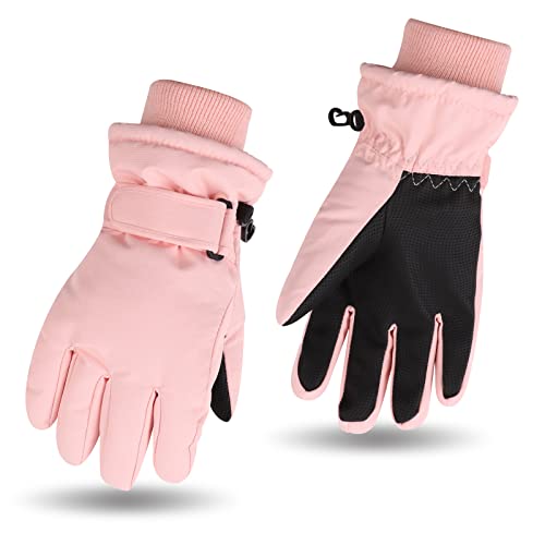 Winter Kinder Skihandschuhe Jungen Mädchen Kaltes Wetter Schnee Handschuh Wasserdicht Ski Snowboard Handschuhe mit Fleece Futter, Solid Skin Pink, 7-9 Jahre von JANGANNSA