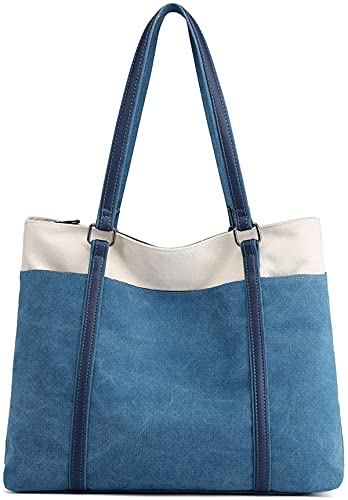 JANSBEN Damen Handtasche Schultertasche Canvas Casual Groß Tasche Shopper Elegant für Büro Schule Arbeit (Blau) von JANSBEN