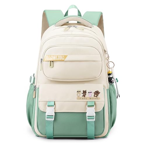 JANSBEN Schulrucksack Mädchen Teenager Schulranzen Jungen Wasserdicht Rucksack Schule Viele Fächer Laptopfach Schultasche für 1-5.klasse 21L Grün von JANSBEN