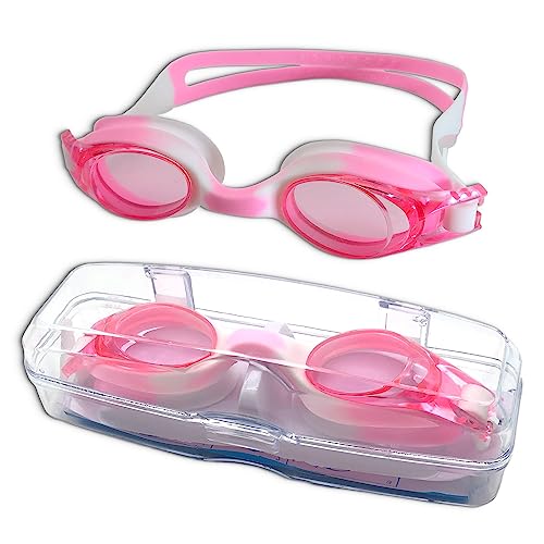 JANYUEPAI Kinder-Schwimmbrille – Kinderbrille mit Anti-Beschlag-Linse, 180-Grad-Sicht, komfortables, weiches Silikon und tragbare Hülle für Jungen und Mädchen im Alter von 3–14 Jahren (Rosa/Weiß) von JANYUEPAI