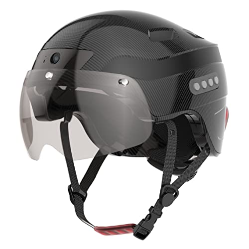 Verbesserter 1080P HD integrierter Aufnahmekamera-Helm mit Bluetooth-Anruf, intelligenter automatischer Induktionswarnleuchte, abnehmbarem Magnetvisier, Blinker-Rücklicht (Kohlefaser Muster) von JARONOON