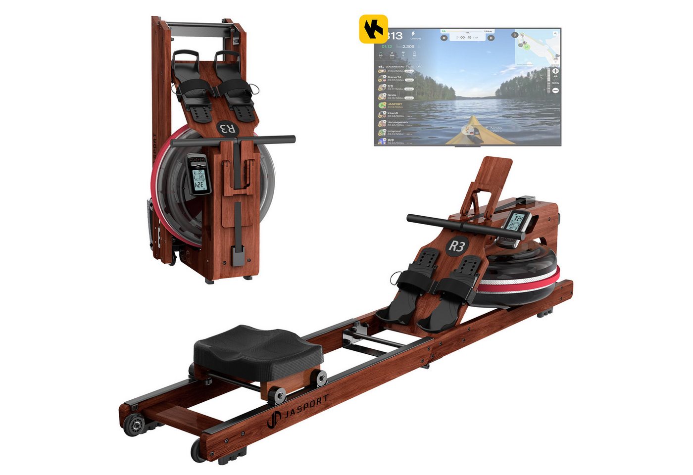JASPORT Rudergerät R3 Klappbar Wasserrudergerät für Zuhause (aus Eiche, Klappbares Rudermaschine, 28L Wassertank), mit Trainingscomputer (Kinomap kompatibel) & Tablethalterung von JASPORT