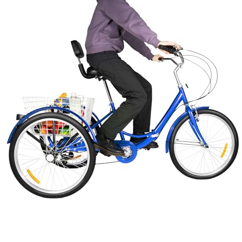 JDBDU 24 Zoll Erwachsene Dreirad, 7 Gang Dreiräder Fahrrad für Erwachsene, Klappbares Einstellbare Höhe Dreirad für Jugendliche, Erwachsene, mit Korb von JDBDU