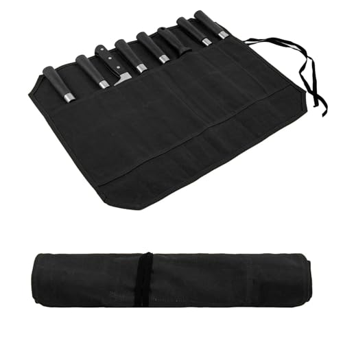 JDGFH Messertasche,Koch Messer Roll Bag,Messertasche Kochmesser mit 8 Fächern für Messer und Löffel,Wachs Leinwand MesserCase Lagerung,Geschenke für Pro-Köche oder kulinarische Enthusiasten (Schwarz) von JDGFH