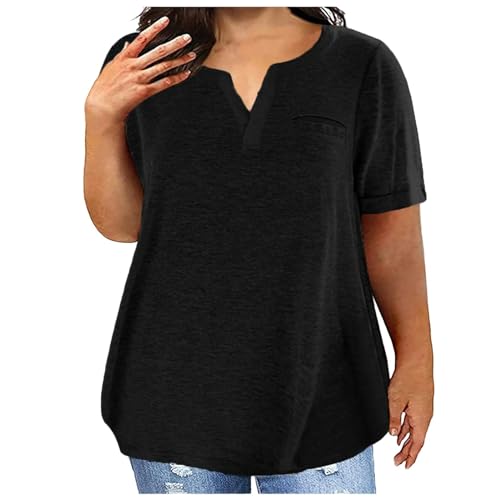 JEAMIS T Shirt Damen T-Shirt Plus Size Damen Lässig Kurzärmelte Rundes Nacken-T-Shirt-Schwarz-XL von JEAMIS