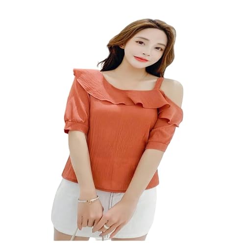 JEAMIS T Shirt Frauenhemdtops Mode One-Shoulder Rüschen Kurzärmelige Tops-Orange-XL von JEAMIS