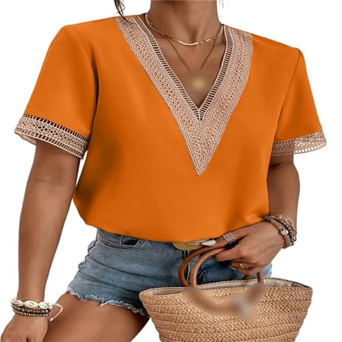 JEAMIS T Shirt Sommer V-Ausschnitt Kurzärmelig T-Shirt Frauen Lose Lässige Bluse Dünner Pullover-Orange-S von JEAMIS