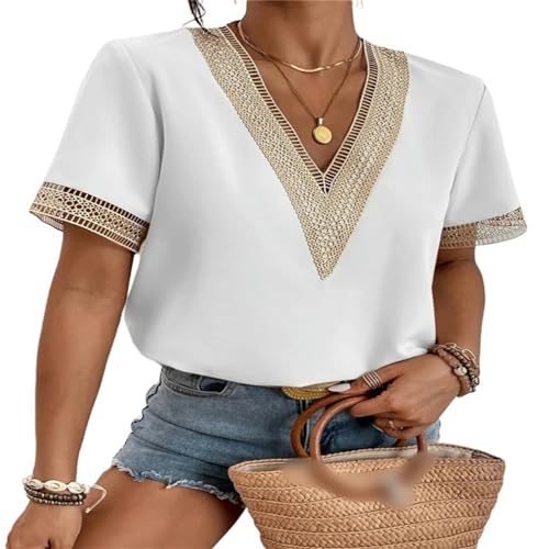 JEAMIS T Shirt Sommer V-Ausschnitt Kurzärmelig T-Shirt Frauen Lose Lässige Bluse Dünner Pullover-Weiß-XL von JEAMIS
