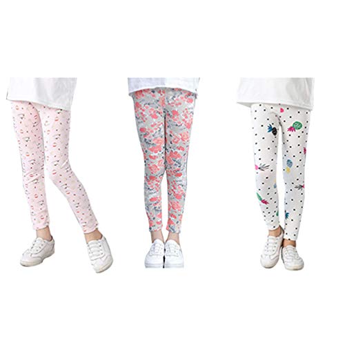 JEELINBORE Mädchen Leggings 3St Stretch Elastische Taille Gedruckt Knöchellang Hosen für Kinder (Rosa Blumen + Rosa Kuchen + Ananas, 110) von JEELINBORE