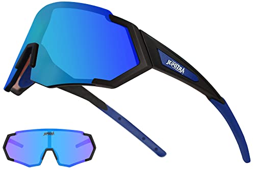 JEPOZRA Sonnenbrille Herren Polarisiert Schnellebrille mit 3 Wechselgläser Sports Fahrradbrille Anti-UV400， für MTB Klettern Angeln Skifahren Unisex (Black blue) von JEPOZRA