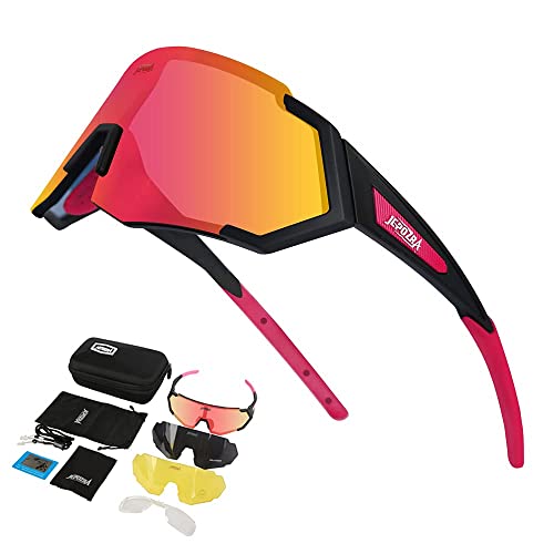JEPOZRA Sonnenbrille Herren Polarisiert Schnellebrille mit 3 Wechselgläser Sports Fahrradbrille Anti-UV400， für MTB Klettern Angeln Skifahren Unisex (Pink) von JEPOZRA