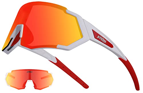 JEPOZRA Polarisiert Fahrradbrille mit 3 Wechselgläser Sports Sunglasses Anti-UV400， für MTB Klettern Angeln Unisex (White red) von JEPOZRA