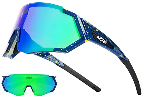 JEPOZRA Sonnenbrille Herren Polarisiert Fahrradbrille mit 3 Wechselgläser Sports Schnellebrille Anti-UV400， für MTB Klettern Angeln Skifahren Unisex (Blue Pattern) von JEPOZRA