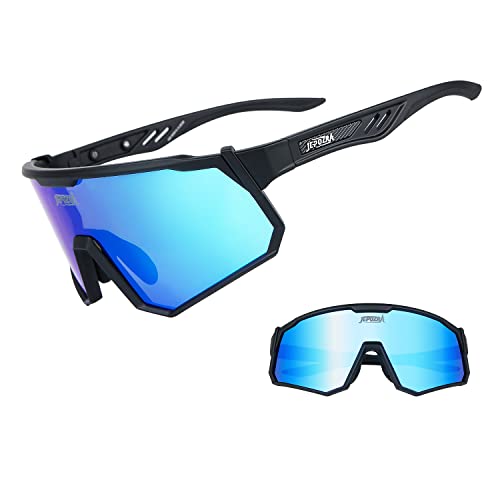 JEPOZRA Sport Sonnenbrille Fahrradbrille Sportbrille mit UV400 3 Wechselgläser inkl Schwarze polarisierte Linse für Outdooraktivitäten Radfahren Laufen Klettern Autofahren Laufen Angeln Golf Unisex von JEPOZRA