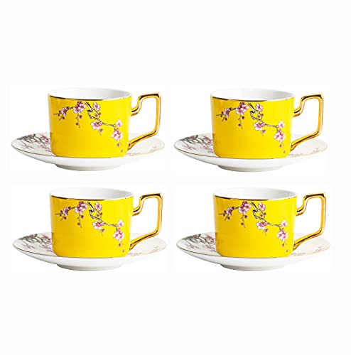 JEVHLYKW 8-teiliges Porzellan-Teeservice, Kaffeetasse und Untertasse, Kaffeetassen-Set, Vintage-Gelb, Cappuccino-Tassen mit Löffeln, 220 ml von JEVHLYKW