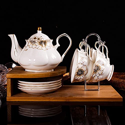 JEVHLYKW Court-Stil Vintage Floral Teeservice für Erwachsene, Britisches Porzellan-Teeservice, Teetassen und Untertassen-Set, China-Porzellan, Kaffee-Geschenkset mit Getränkehalter, S von JEVHLYKW
