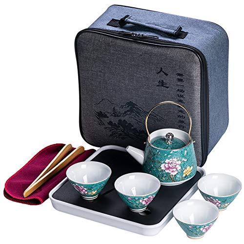 Utility-Reisetee-Set mit Tablett, chinesisches Keramik-Teetassen-Set, Porzellan-Teekanne für Erwachsene, tragbares japanisches Tee-Set mit Tragetasche, All-in-One für Picknick im Freien, Camping, von JEVHLYKW