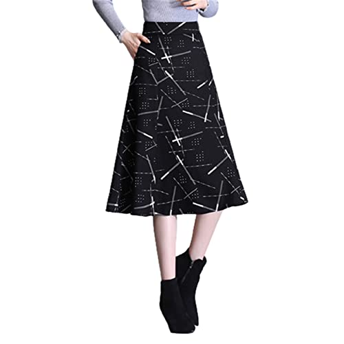 JFISQ Damen Winter Wollrock High Waist Slim Big Swing Faltenrock Mode Drucken A-Linien-Rock Frauen Frühling Herbst Elegante Knielange Röcke Für Alltag,Schwarz,L von JFISQ