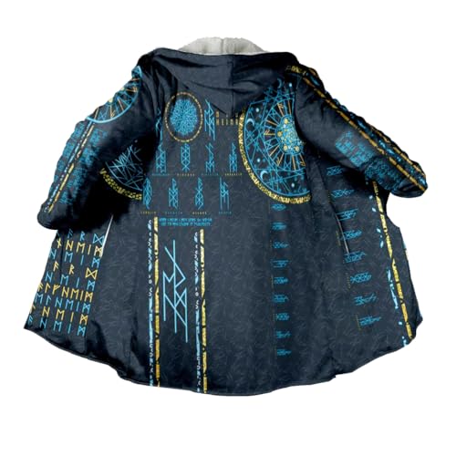 JHBTFQ Wikinger-Umhang Mittellang Winter Verdickt Warm Kapuzenumhang Bademantel 3D-Druck Nordische Mythologie Kunstkaschmir Unisex-Jacke,Symbols Blue,M von JHBTFQ