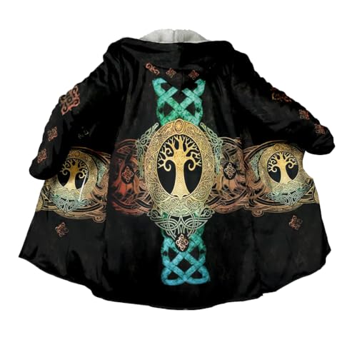 JHBTFQ Wikinger-Umhang Mittellang Winter Verdickt Warm Kapuzenumhang Bademantel 3D-Druck Nordische Mythologie Kunstkaschmir Unisex-Jacke,Yggdrasil,L von JHBTFQ
