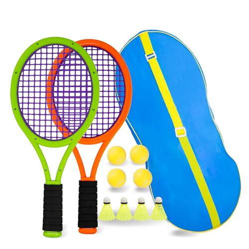 Kinder-Tennisschläger, 17-Zoll-Kunststoff-Tennisschläger mit 4 weichen Bällen und 6 Federbällen für Kinder, Kleinkinder, Outdoor/Indoor-Sport (Dunkelorangegrün) von JHuiLap