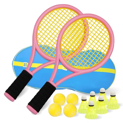 Kinder-Tennisschläger, 17-Zoll-Kunststoff-Tennisschläger mit 4 weichen Bällen und 6 Federbällen für Kinder, Kleinkinder, Outdoor/Indoor-Sport (Blau und Rosa) von JHuiLap