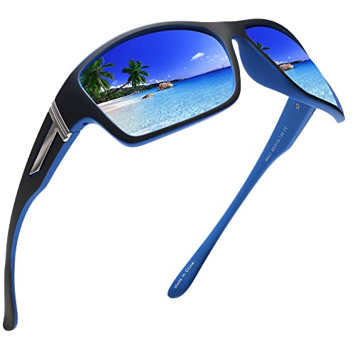 JIM HALO Polarisierte Sonnenbrille für Männer und Frauen, Wrap-Around-Sprot-Sonnenbrille zum Radfahren Angeln Fahren Schwarzblau/Spiegelblau von JIM HALO