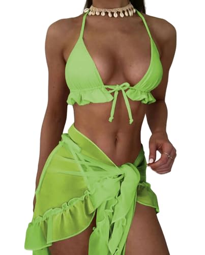 JINGBDO Bikini-Setfrauen Sommer Gelbe Lila Bikini 3 Stück Badeanzug Mit Masch Kurzstrand Badeanzug Holiday Bikini Beachwear Sets-Grün-M von JINGBDO