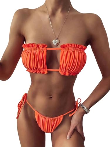 JINGBDO Bikini-Setruched Badebode Damen Badebode Women's Mini Thong Bikini Sets Badebekleidung Strandwege Sexy Riemchen Bikini-Orange-L von JINGBDO