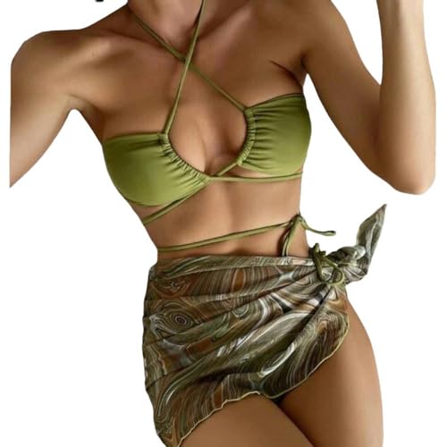 JINGBDO Bikini-Setsexy Rückenless Thong Bikini 3 Stück Festkörperbikini Mit Gedrucktem Rock Frauen Verband Badebekleidung Plus Size-Grün-L von JINGBDO