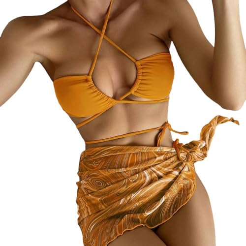 JINGBDO Bikini-Setsexy Rückenless Thong Bikini 3 Stück Festkörperbikini Mit Gedrucktem Rock Frauen Verband Badebekleidung Plus Size-Orange-L von JINGBDO
