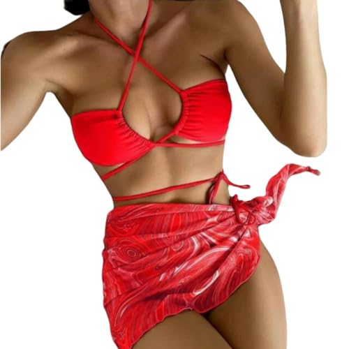 JINGBDO Bikini-Setsexy Rückenless Thong Bikini 3 Stück Festkörperbikini Mit Gedrucktem Rock Frauen Verband Badebekleidung Plus Size-Rot-M von JINGBDO