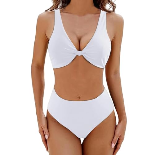 JINGBDO Bikini-Setvintage Bikini Anzug Badeanzug Frauen Zweiteilig Badeanzug Solid Deep V Hals Badeanzug Strand Urlaub Badebekleidung-Elfenbein-XL von JINGBDO