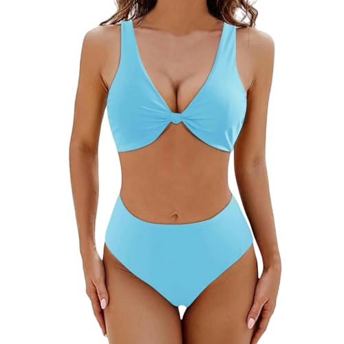 JINGBDO Bikini-Setvintage Bikini Anzug Badeanzug Frauen Zweiteilig Badeanzug Solid Deep V Hals Badeanzug Strand Urlaub Badebekleidung-Himmelblau-XL von JINGBDO