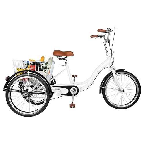 JINPRDAMZ Dreirad für Erwachsene, Weißes Fahrrad mit Einkaufskorb, Doppeltes Bremssystem, Verdickte und Strapazierfähige Gummireifen, Tragfähigkeit bis 242,50 lbs von JINPRDAMZ