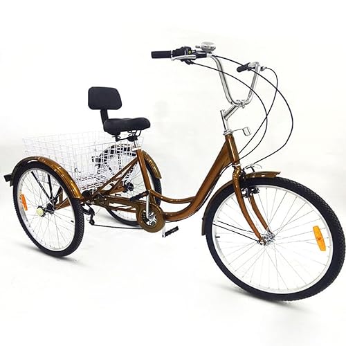 JINPRDAMZ Dreirad für Erwachsene 24 Zoll Fahrrad mit 3 Rädern Gold 6 Geschwindigkeit Dreirad mit Rückenlehne und Einkaufskorb Fahrrad für Erwachsene Männer Frauen und Senioren von JINPRDAMZ