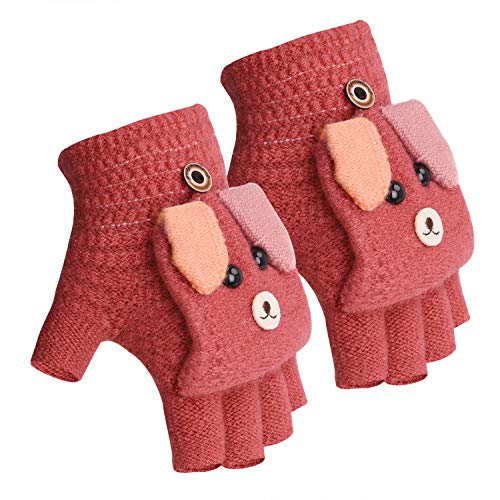 Kinder Halbfinger Handschuhe mit Flip Top Fausthandschuhe Strickhandschuhe Fünf Finger Fäustlinge Winterhandschuhe Gestrickte Fahrradhandschuhe, 3-10 Jahre alt (Rot-D, One size) von JINTN