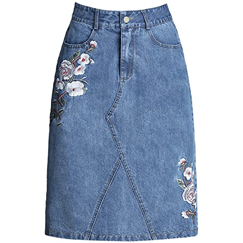 JJDSL Jeansrock Für Damen - Stickerei Hohe Taille Long Plus Size Denim Röcke,Mode Elegante Knöpfe Taschen Frauen A-Linie Bleistift Rock, Für Lässige Und Formelle Veranstaltungen,Blau,4XL von JJDSL