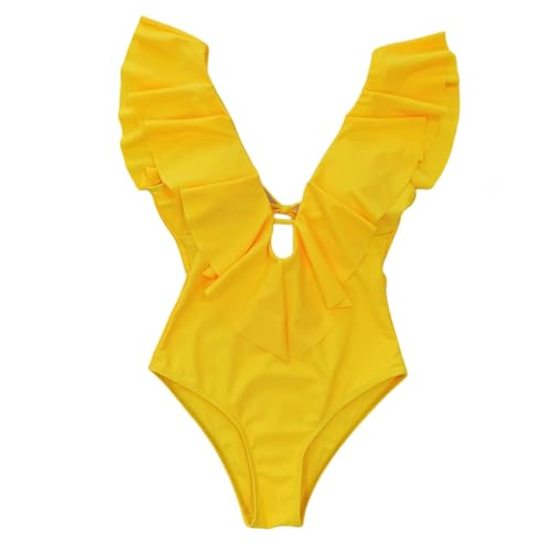 JKJHJF Badeanzug Damen Frauen EIN Stück Badeanzüge One Schulter Badebekleidung Asymmetrische Rüschen Monokinis Badeanzüge-gelb-XL von JKJHJF
