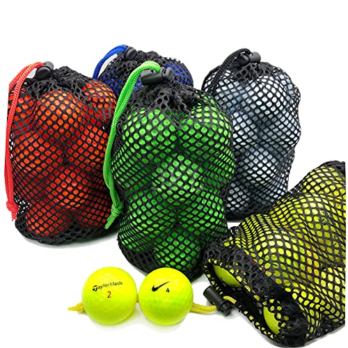 JKL 5 kleine Golfballtaschen, Golf-Netztaschen, Sportnetztasche, runde Aufbewahrungstasche, kleine Nylon-Netztasche, bunte Netztaschen mit Kordelzug für Golf-Zubehör (rot, gelb, blau, grün, schwarz) von JKL