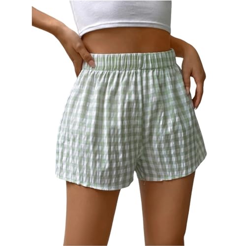 JKXFYLP Damen Kurze Hose Sommer Coole Grün Und Weiße Karierte Elastische Taille Casual Shorts-A-L von JKXFYLP