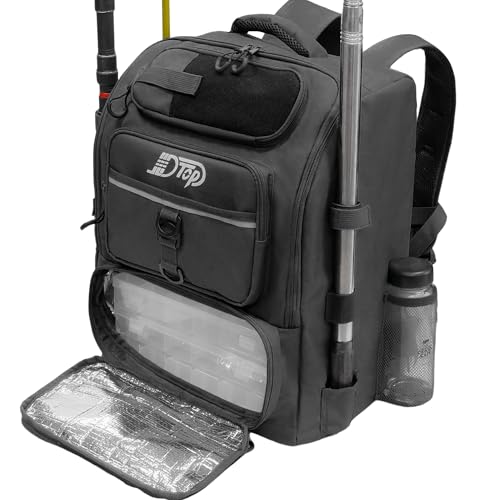 JLDTOP Angelrucksack mit 4 Tabletts Boxen, 36L Angelbahn mit Rutenhaltern, wasserdichte Aufbewahrungstasche für Angelausrüstung und Ausrüstung, Geschenk für Angler (Schwarz) von JLDTOP