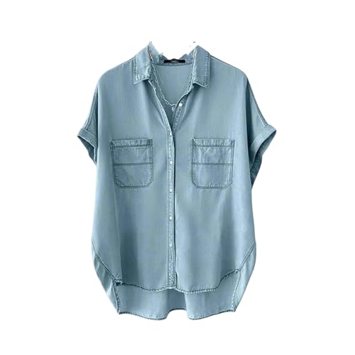 JLGYSX T Shirt Damen Frauen Denim Blue Shirts Bluse Sommer Kurzarm Elegante Solid Tops T -Shirts Lässig Lose Femininas-hellblau-4xl von JLGYSX