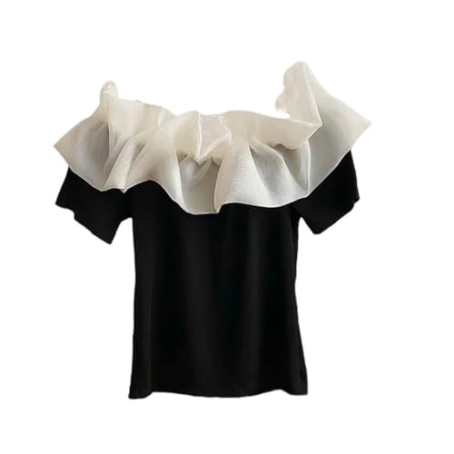 JLGYSX T Shirt Damen Mesh Patchwork Slash Neck Kurzschlärm T-Shirt Sommer Einfacher Lässiger Süßer Stil Schlanker Sitzender Feste Farben T-Shirts-schwarz-s von JLGYSX