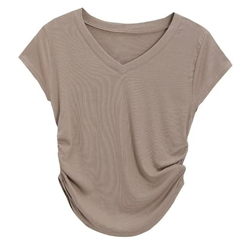 JLGYSX T Shirt Damen Sommer-Frauen Kurzarm Shirring T-Shirt Mode V-Ausschnitt Slim Unregelmäßige Saum-Freizeit-Tops T-Shirts-Khaki-m von JLGYSX