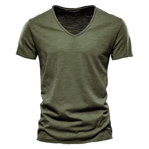 JMAMOY T Shirt Herren Männer T-Shirt V-Ausschnitt Mode Slim Fit T-Shirts Männliche Tops Tees Kurzarm T-Shirt Für-f037-v-a Grün-größe 3XL 88-95kg von JMAMOY