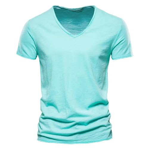 JMAMOY T Shirt Herren Männer T-Shirt V-Ausschnitt Mode Slim Fit T-Shirts Männliche Tops Tees Kurzarm T-Shirt Für-f037-v-hellgrün-größe L 65-72kg von JMAMOY