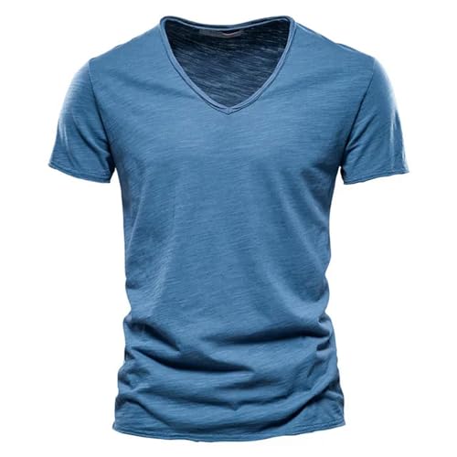 JMAMOY T Shirt Herren Männer T-Shirt V-Ausschnitt Mode Slim Fit T-Shirts Männliche Tops Tees Kurzarm T-Shirt Für-f037-v-jeans Blau-größe 3XL 88-95kg von JMAMOY