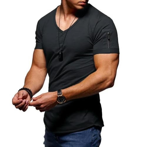 JMAMOY T Shirt Herren Sommer Herren V-Ausschnitt Kurzarm T-Shirt Slim Muskel Fitness Casual Hip-hop Top-schwarz-4xl von JMAMOY