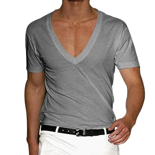 JMAMOY T Shirt Herren Sommer Männer Kurzarm T-Shirt Polyester Große V-Ausschnitt Casual T-Shirt Mode Slim Pullover-grau-l von JMAMOY